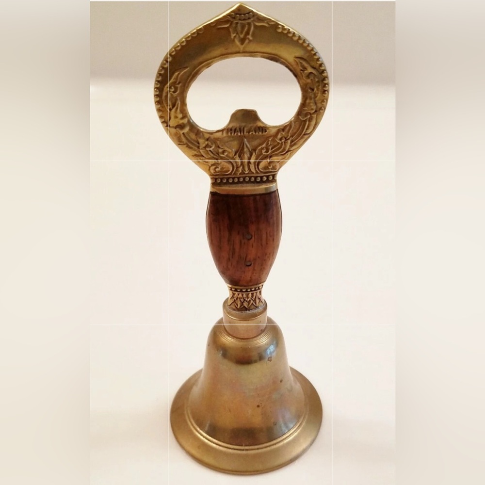Vintage Charming Brass Wood Smooth Finish Decor Barware Hand Bell/Bottle Opener